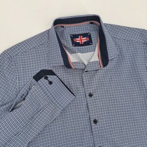Soul of London Button Down Shirt Mens XL Microfiber Blue Geometric Contrast Trim